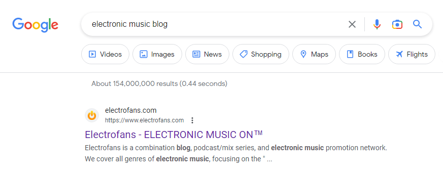 Top rankings for electronic music blog - Google