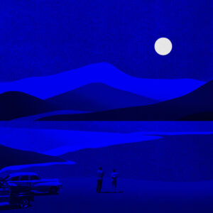 Image shows an illustrated night scene. A couple stand looking out over a lake. Two old fashioned American cars are parked behind them. On the horizon are mountains over which a full moon hangs low in a dark blue sky.