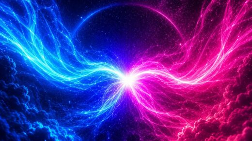 Blue and pink cosmic energy streams merging in a bright central light, representing the emotional vocal trance release Together by ALIMA.