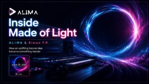     ALIMA Inside Made of Light artwork featuring a neon music studio, cyan and magenta light portal and Made of Light release cover.
